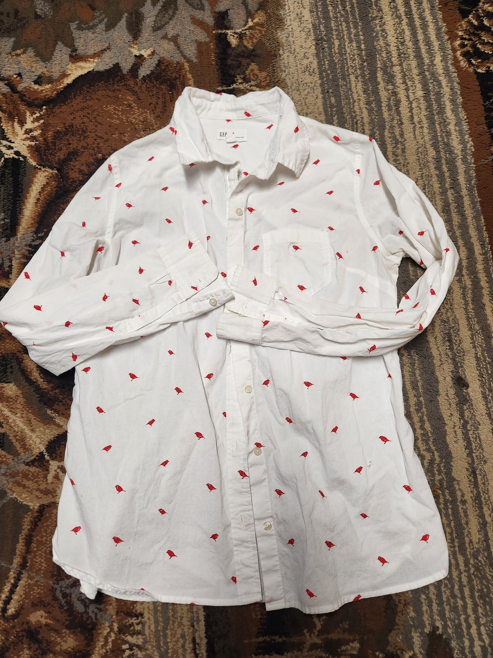 GAP White Button-Down Shirt with Red Bird Print